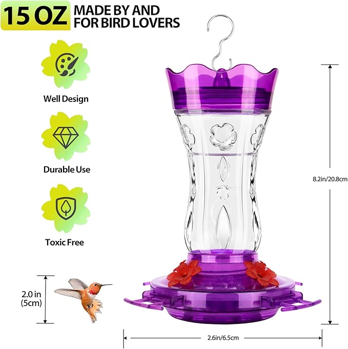 Glass Hummingbird Feeders for Outdoors, Built-in Ant Moat & Leakproof Design, XAROO Hummingbird Feeder with 4 Bee Guard Feeding Ports, 15OZ, Purple, Gifts for Mom Wife Dad, Birthday Gift for Men Women