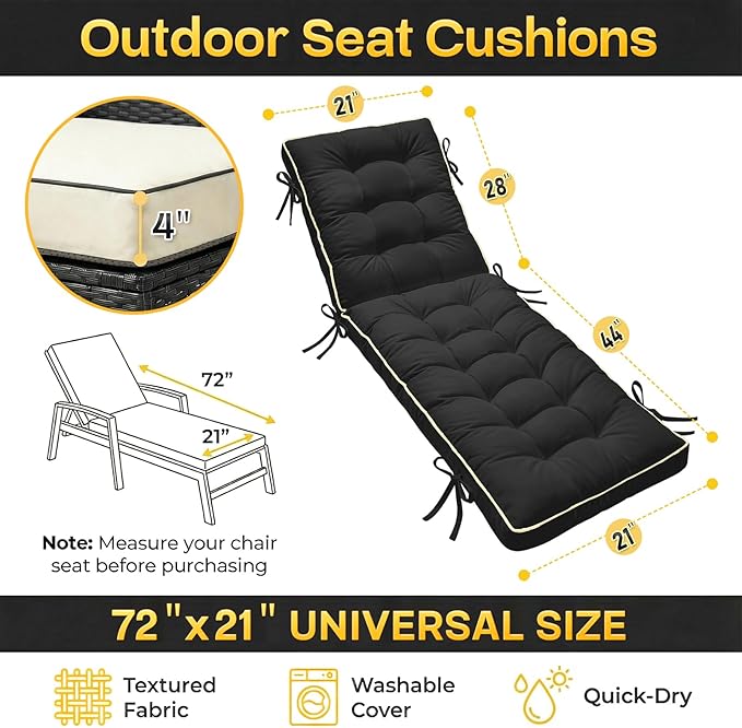 2 Pack 72x21 Inch Folding Chaise Lounge Cushion Quick Dry - Outdoor Sun Lounger Seat Pad with Shredded Foam for Patio Furniture, Deck Chairs, Poolside (Black, 72 INCH × 21 INCH-2 Pack)