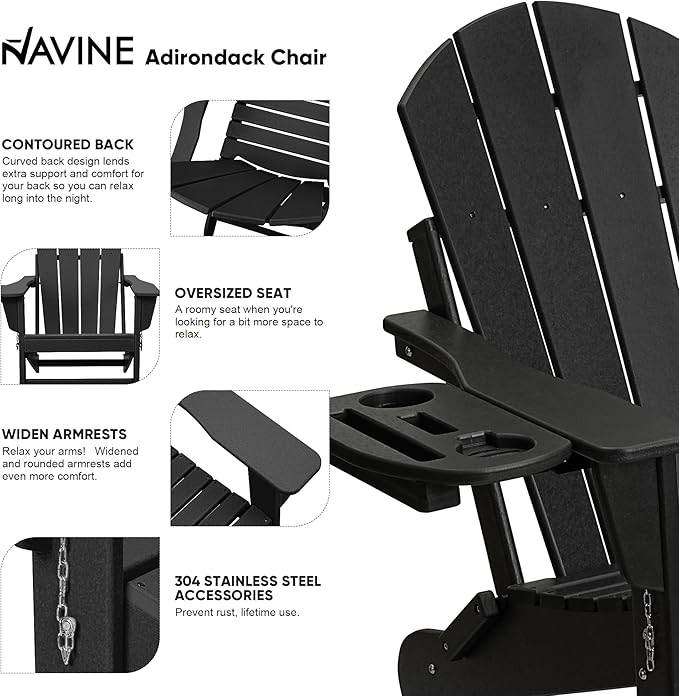 Adirondack Chair Set of 2, HDPE Folding Adirondack Chair with Multifunctional Cup Holder, Weather Resistant Fire Pit Chair for porches, patios, patios, poolsides, Decks.