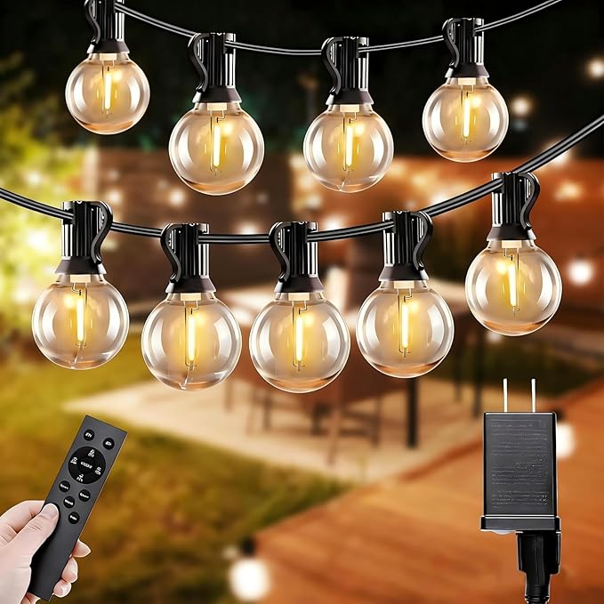 Outdoor String Lights with Remote, 50ft 25 Bulbs Low Voltage(24V) Patio Lights, Dimmable & Timer, IP65 Waterproof, G40 LED Hanging Lights for Outside, Deck, Garden, Backyard, Porch, Party