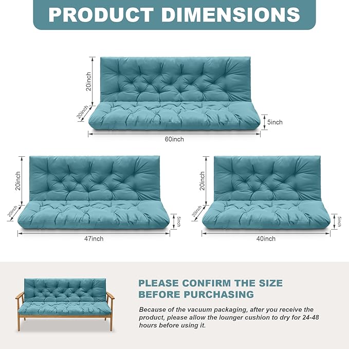 Outdoor Swing Cushions,Waterproof Swing Cushions 3 Seater Replacement with Backrest,Outdoor Thickened Bench Cushion with Ties for Porch,Patio,Backyard,Garden (Lake Blue 60 * 40 in)