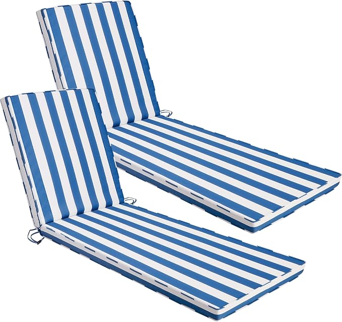 Chaise Lounge Cushions Outdoor Set of 2, 71"x22"x3" Patio Lounge Chair Furniture Cushions with Washable Covers for Pool, Patio, Lawn (Sky Blue White Stripes, 2 Pcs)