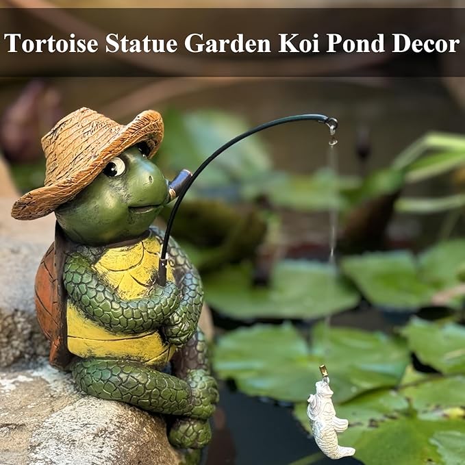 Garden Tortoise Pond Statue Decoration, Fishing Turtle Outdoor Statues for Koi Pond or Waterfall Decor, 9.5" Figurine Poolside Statue, Outdoor Decor, Gifts for Mom