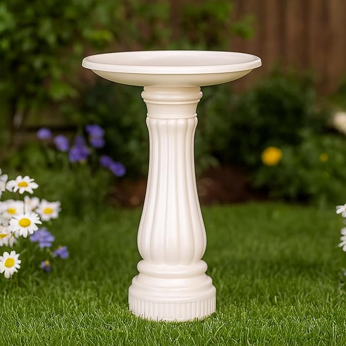 Bird Bath for Outside, Round Outdoor Patio Lawn and Garden Decor with Fillable Base for Stability, 17"D x 25"H, White