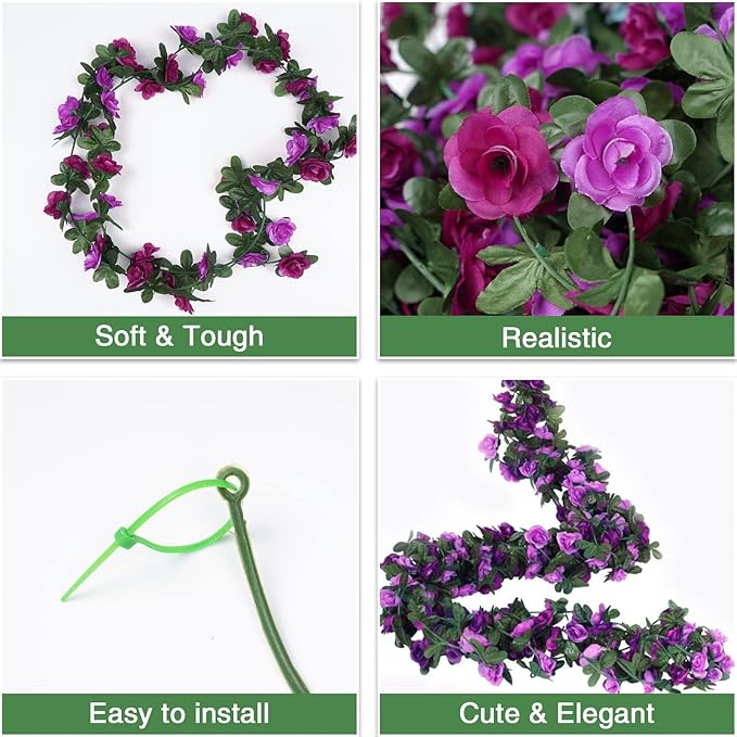 BLEUM CADE 12Pcs 98.4Ft Flower Garland Artificial Rose Vines with 98.4Ft String Lights, Cute Fake Hanging Flower Vines Floral Garland Decorations for Wedding Party Wall Room Decor Aesthetic