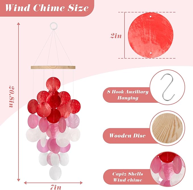 Wind Chimes for Outside, Handcrafted Capiz Shells Windchime Coastal Style Decor for Indoor/Outdoors, Garden Decors, Great Gift for Women, Beach Hanging Decor, Wind Chimes Lovers (Red Pink Gradient)