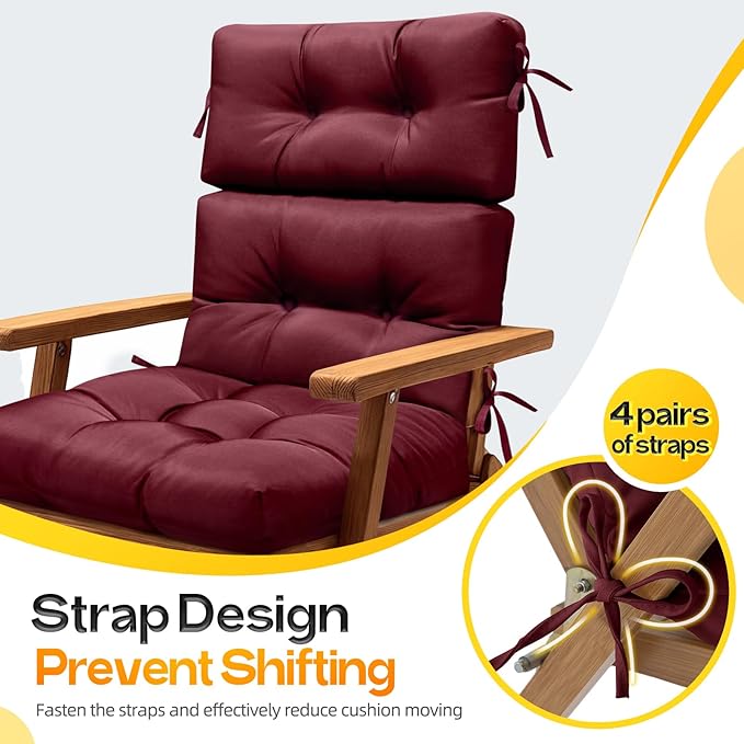 MAGIC ELEPHANT High Back Chair Cushion, Indoor Outdoor Memory Foam Chair Cushion with Ties for Adirondack and Rocking Chair, Waterproof Replacement Patio Cushion for Chair (Red)