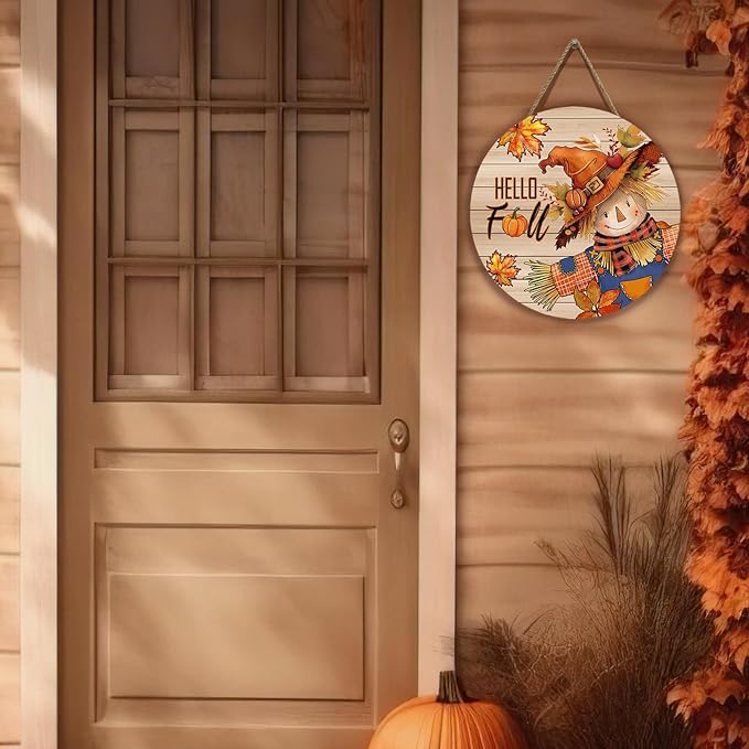 Hello Fall Autumn Scarecrow Door Sign for Porch Pumpkins Maple Leaf Wood Hangers Farmhouse Door Sign for Front Door Decor Seasonal Home Decorations Autumn Wall Hanger Sign