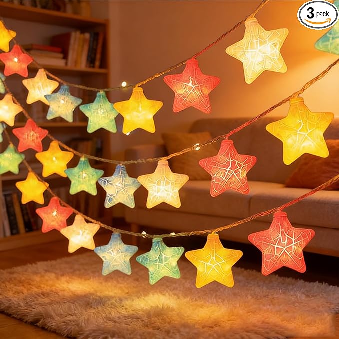 Colorful Crack Star String Lights,Fairy Lights 9.8FT 20 LED Lights with Battery Operated Star Lights,Crack Star Lights for Window Party Wedding Holiday Festival Decoration (Cracked star, 9.8FT)