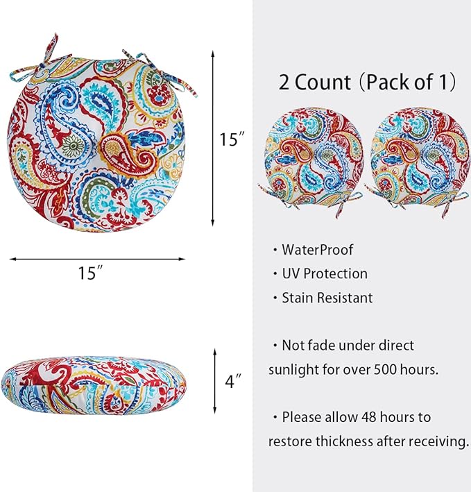 FUNHOME Bistro Chair Cushions 15 inch,Set of 2,Tufted Round Chair Cushions with Ties,15"x15"x4",Water Resistant Round Seat Cushion for Barstool Chairs,Patio Garden Kitchen Outdoor Furniture(Phoenix)