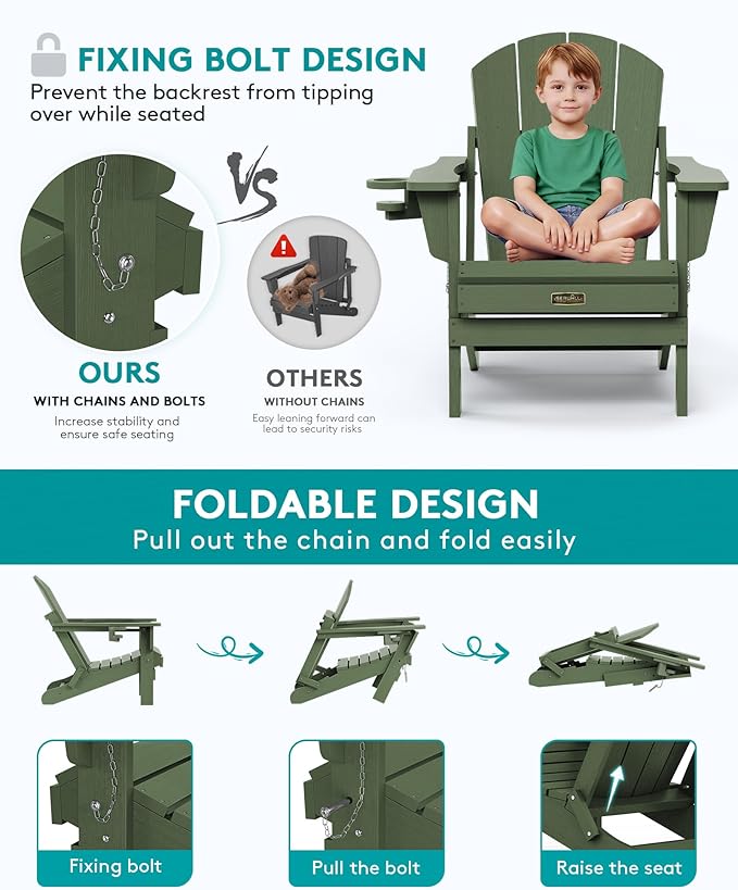 SERWALL Foldable Adirondack Chair Set of 2 for Patio Garden Outdoors Fire Pit Chairs-Avocadogreen