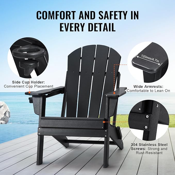 VEVOR Folding Adirondack Chairs Set of 2 with Cup Holder, All-Weather Portable Plastic Fire Pit Chair, Outdoor Adirondack Patio Chair, with Relaxing Arm Rest Ergonomic, for Garden, Backyard, Black