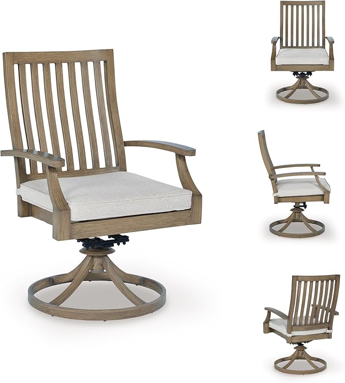 Signature Design by Ashley Rainier Ranch Contemporary Nuvella Weather Resistant Fabric Outdoor High Back Rocker Swivel Chair with Cushion, Set of 2, Light Brown & Beige