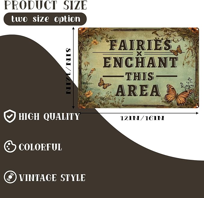 Vintage Garden Metal Tin Signs Butterfly Fairies Enchant This Area Funny Tin Sign Rustic Indoor Outdoor Wall Decor for Home Garden Yard Farmhouse Greenhouse Patio Porch Bar 8×12 Inch