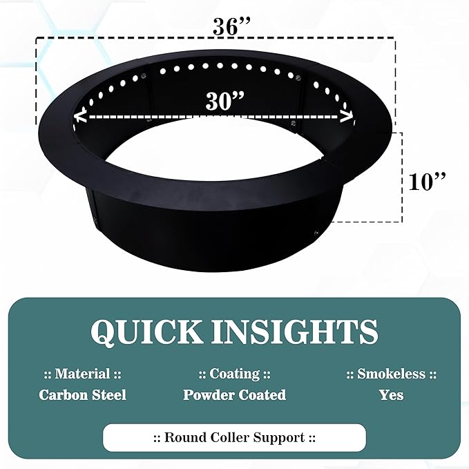 FEBTECH Smokeless Fire Pit Insert - Steel 36" Round Foldable Fire Pit Ring with Air Vents and Coller Support - DIY Fire Ring in or Above Ground for Outdoor Garden Bonfire Patio Camping Accessories