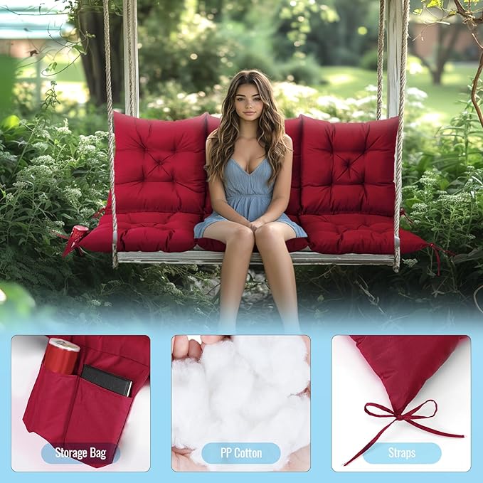NACATIN 3 Seat Cushion for Outdoor Swing - 60x40 inches, 4" Thick Porch Swing Cushions with Ties and Storage Bag, Waterproof Bench Cushions for Patio, Outdoor, Backyard and Garden (Wine Red)