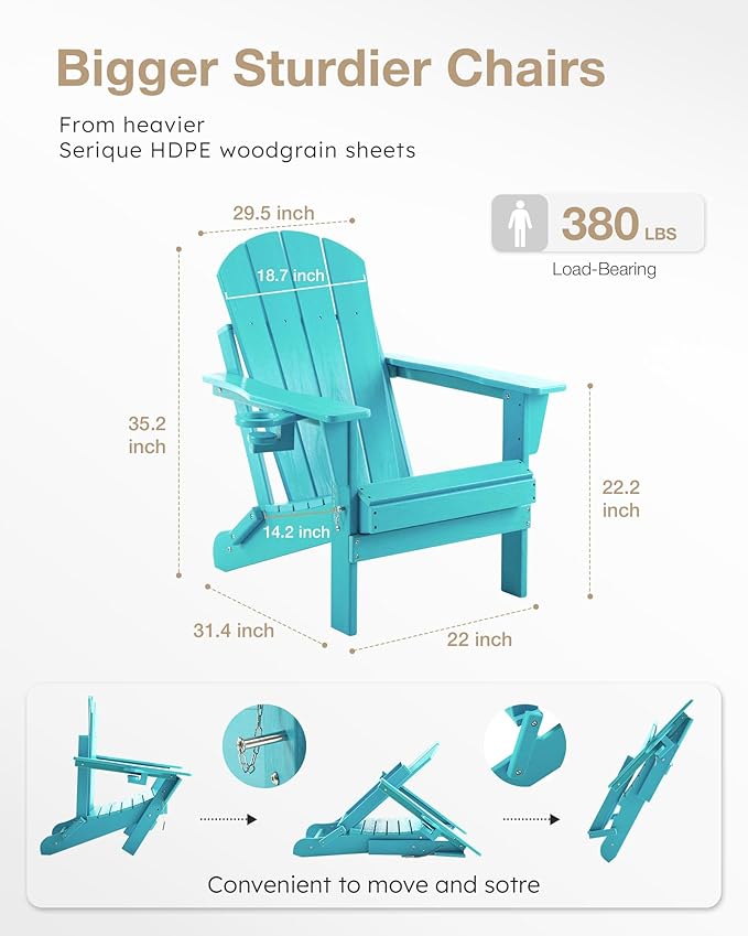 Folding Adirondack Chair Wood Texture, Patio Chairs Weather Resistant, Outdoor Chair, Lawn Chair with Cup Holder, Fire Pit Chair for Deck, Outdoor, Porch, Backyard