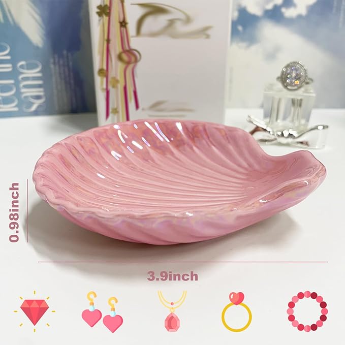 Shell Shape Ring Holder Dish, Seashell Jewelry Dish Tray, Ceramic Trinket Tray for Rings Earrings Necklaces Bracelet, Birthday Christmas Gift for Mom Friend Sister, 3.9", Pink Iridescent Surface