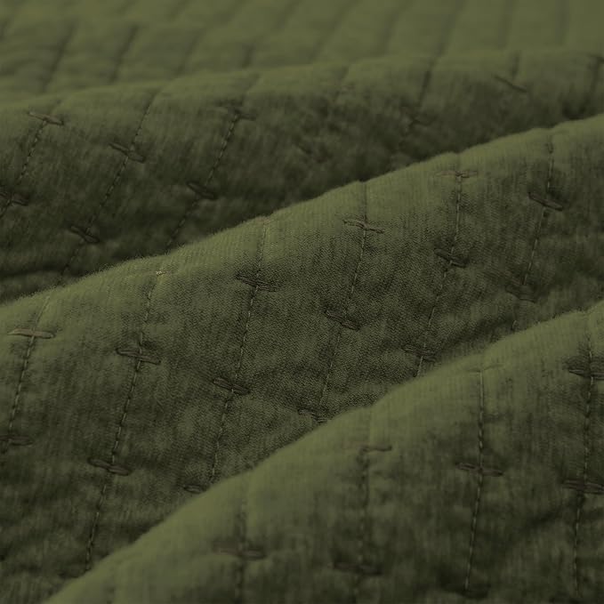 Wonderful Cotton Blended Jersey Knit King Quilt, Stitch Bedding Heather Olive Green Quilt with 2 Pillow Shams, Cloud Cloverlet, Soft Bedspread All-Season Use 104"x94"