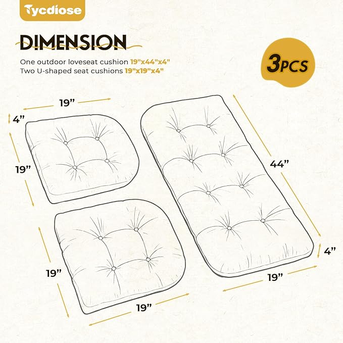 All Weather Wicker Chair Cushions of 3 Pieces, Waterproof Outdoor Wicker Chair Cushion for Patio Furniture Loveseat Settee Bench, 1 Loveseat and 2 U-Shaped Thickened Cushions, Grey