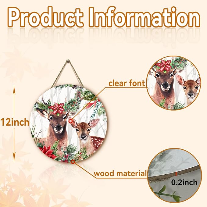 Deer Xmas Door Hanger Holly Tree Flowers Sign for Front Door Winter Deer Floral Hanging Porch Christma Decorations for Outdoor