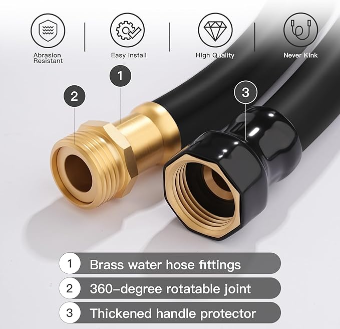 Garden Hose 5/8" x 25ft Brass Rubber Heavy Duty Water Hose 600 PSI Burst Pressure, Durable Flexible Hose for Yard, Car Wash, Pets Black