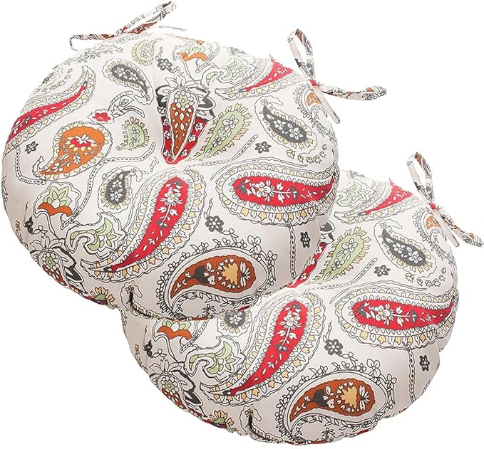 Magpie Fabrics Outdoor Round Bistro Seat Cushions with Ties, 15"x15"x4" Set of 2, Tufted Waterproof Barstool Chair Pads for Patio Home Garden Office, Paisley Beige Red
