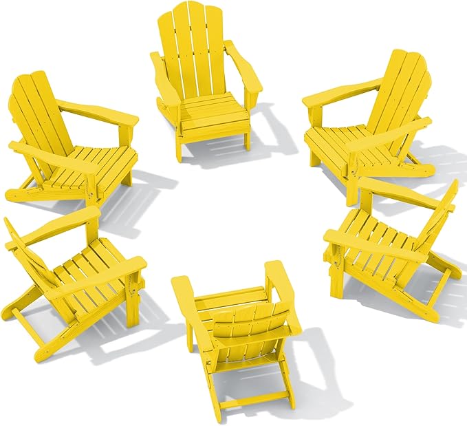 KINGYES Folding Adirondack Chair Set of 6, HDPE All-Weather Folding Adirondack Chair, Yellow