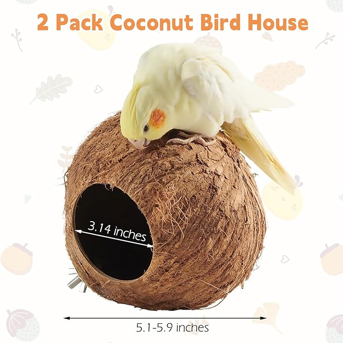 Coconut Bird Nest for Cage Natural Coconut Shell Birds House 2 Pack Parakeet Small Coconut Hide Breeding Hut Bird Cage Accessories for Parrot Lovebirds Budgies Cockatiel Conure Finch Canary