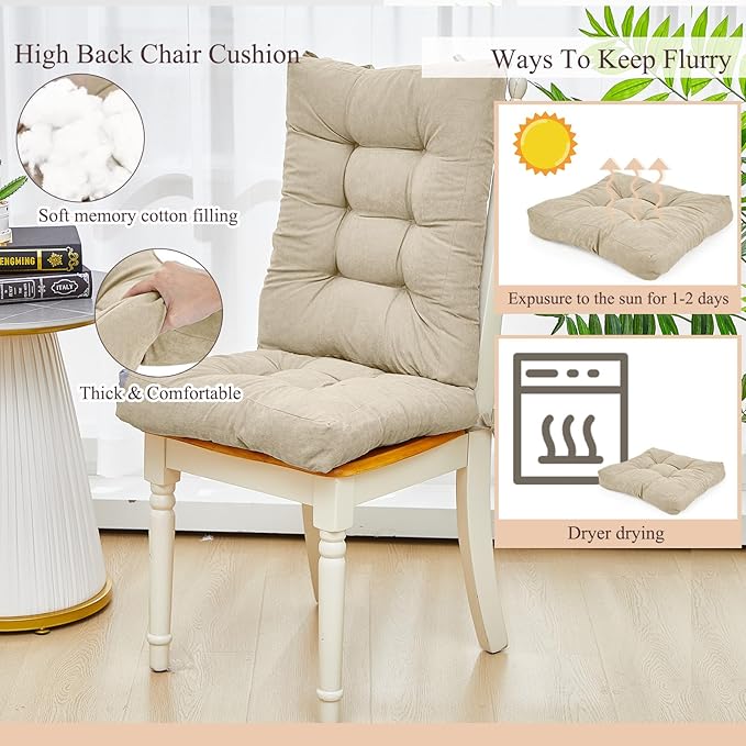 Juexica 4 Sets Outdoor Patio Chair Cushions Seat High Back Tufted Pillow Replacement Rocking Chair Cushions Pads for Patio Summer Seasonal Indoor Home Office(Beige)