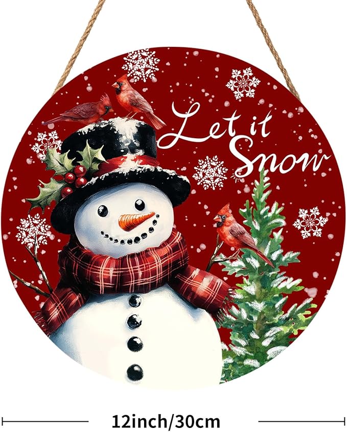 Winter Snowflake Red Door Sign For Front Door Decor,Xmas Snowman Cardinal Bird Wooden Sign 12"x 12" Round Hanging Door Sign Decoration for Wall Rustic Decor