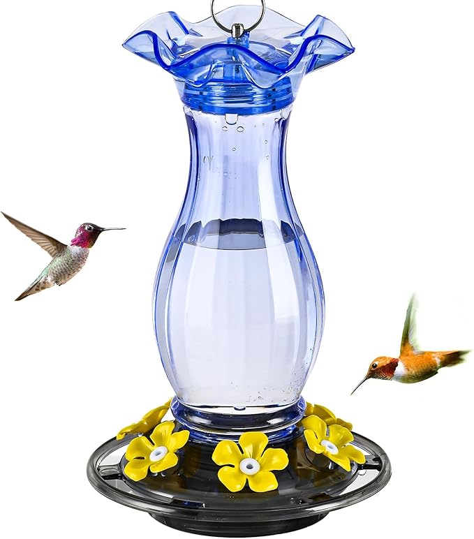 Hummingbird Feeder for Outdoors Hanging, 18 OZ Humming Birds Feeders with 6 Bee Guard Feeding Ports & Built-in Ant Moat, Easy to Clean, Durable Outdoor Garden Decor (Blue 1 Pack-C)
