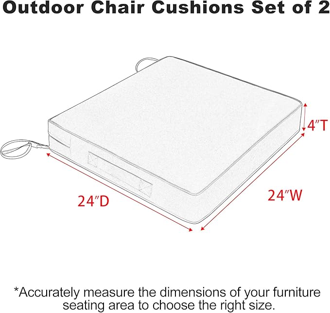 Favoyard Patio Chair Cushions 24 x 24 x 4 Inch Waterproof Outdoor Seat Cushions for Patio Furniture 3-Year Color Fastness Garden Sofa Couch Chair Pads with Handle & Adjustable Straps Set of 2, Grey