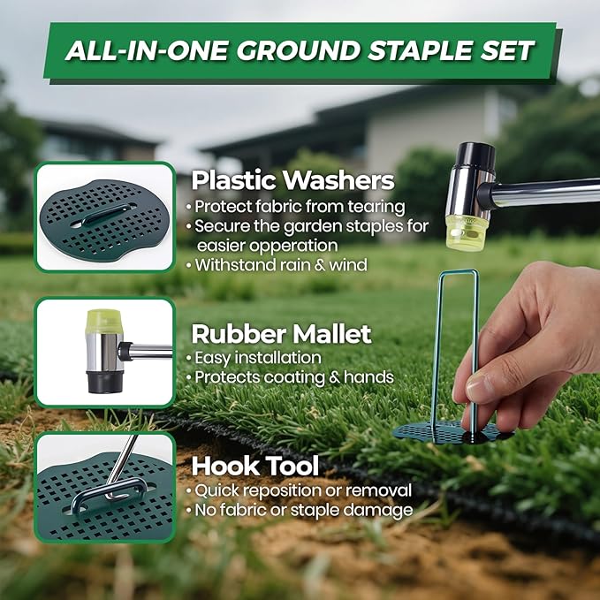 6 Inch Landscape Fabric Staples, 200Pcs Garden Stakes Galvanized +200Pcs Gasket +Pick Hook +Rubber Mallet, U Shaped Weed Barrier Stakes 11 Gauge Lawn Staples Landscape Pins for Yard, Sod, Weed Mat