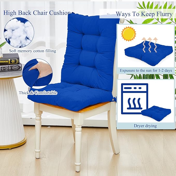 Juexica 4 Sets Outdoor Patio Chair Cushions Seat High Back Tufted Pillow Replacement Rocking Chair Cushions Pads for Patio Summer Seasonal Indoor Home Office(Royal Blue)