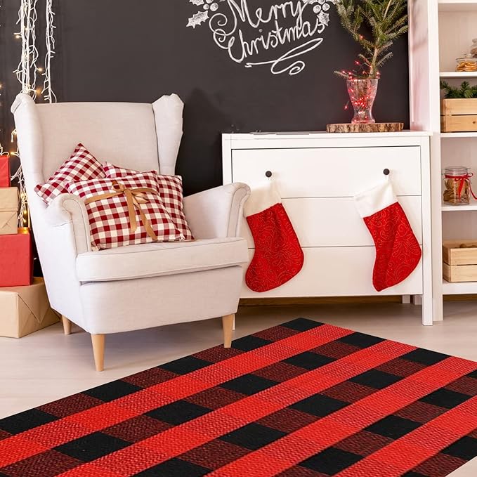 SEEKSEE Cotton Buffalo Plaid Rug 3'x5' Black and Red Checked Rug Washable Doormats Indoor Outdoor Rugs for Layered Front Door Mats, Porch, Kitchen, Farmhouse, Entryway