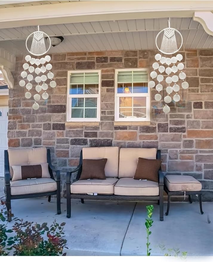 Capiz Shell Wind Chime—Handcrafted White Shell Wind Chime Suitable for Indoor/Outdoor Garden Decoration. Capiz Winds Chimes Hanging Ornament.