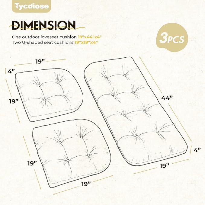 All Weather Wicker Chair Cushions of 3 Pieces, Waterproof Outdoor Wicker Chair Cushion for Patio Furniture Loveseat Settee Bench, 1 Loveseat and 2 U-Shaped Thickened Cushions, Khaki
