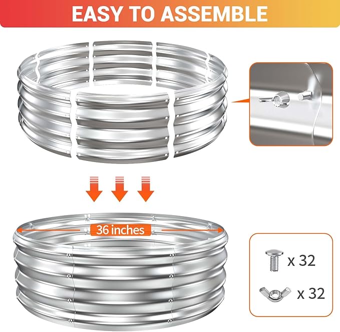36 Inch Fire Pit Ring for Outside, Heavy Duty Wood Burning Firepit & Outdoor Fireplace,DIY In Ground or Above Ground,Portable Galvanized Steel Fire Pits Bowl for Backyard Bonfire,Patio,Camping,Round