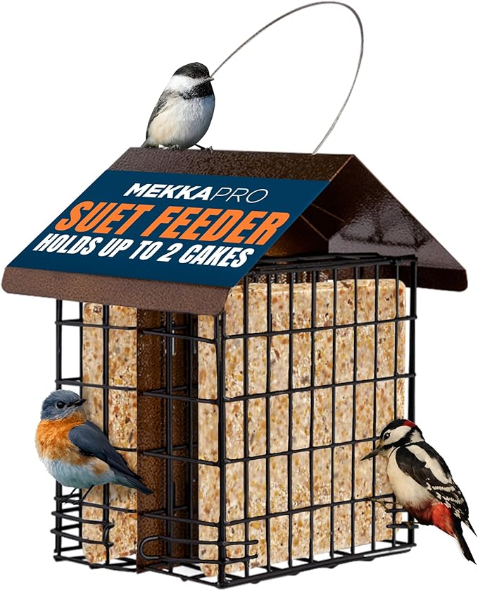 MEKKAPRO Suet Feeder for Outside Hanging Metal Roof, Woodpecker Feeder, Two Suet Bird Feeder Capacity, Cage Hanger Hanging Bird Feeder Easily Fits 2 Suet Cakes Holder - Wild Bird Feeder Basket