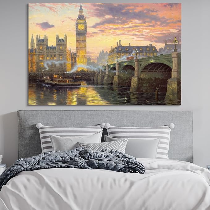 STUDIO HAVEN Thomas Kinkade Canvas Wall Art, London Skyline Big Ben River Thames Stone Bridge Sunset Glow Oil Painting Poster Iconic Cityscape Wall Decor, Framed Prints for Home Decor, 40x28Inch