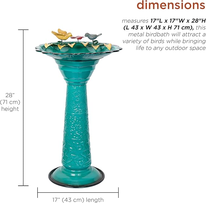 Alpine Corporation ORS112GN Vintage Metal Pedestal Birdbath with Stand, Shallow Bird Bath Bowl for Outside, 28" H, Green