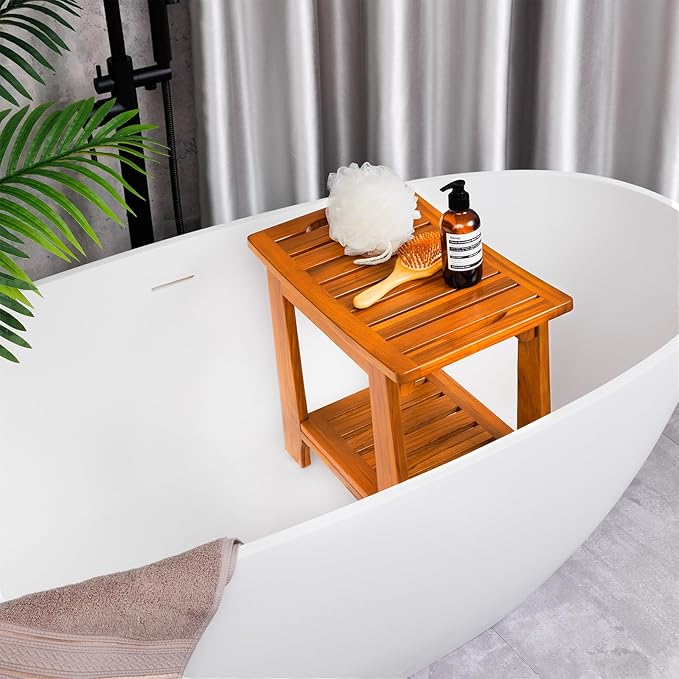 21" Standard Teak Shower Bench with Shelf & Handle - Waterproof, Non-Slip Bath Stool, 300 lbs Capacity - Fits Standard Tubs/Showers & Outdoor Use (Patented)