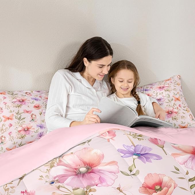 Erosebridal Fairy & Floral Full Bedding Set - Butterfly Flower Comforter Set for Girls Kids, Pink Purple Flowers Garden Quilt | Whimsical Fairies Bedroom Decor with 2 Pillowcases