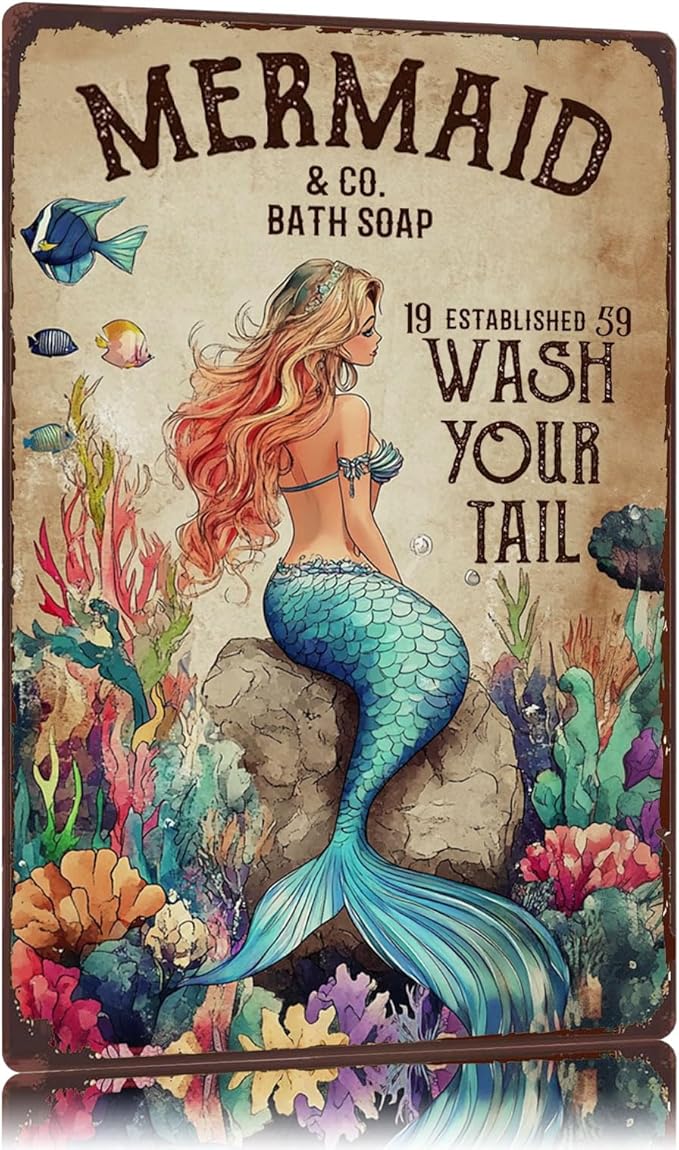Vintage Tin Sign Mermaid And Co Bath Soap Wash Your Tail Metal Signs Funny Wall Decor for Bathroom Toilet Home Bar Cafe 12×8 Inch