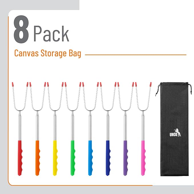 UNCO- Extra Long Marshmallow Roasting Sticks, 8 pcs, 45", Colorful Rubber Handles, Extendable Stainless Steel Marshmallow Roasting Sticks with Canvas Storage Bag, Skewers for Smores Skewers