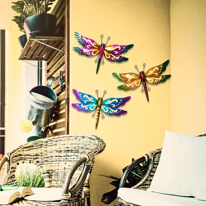 Dragonfly Garden Decor, 3 Pack Colorful Metal Dragonfly Wall Decor, Outdoor Decor Art for Patio, Yard, Fence, Garden, Outside, Backyard, Balcony