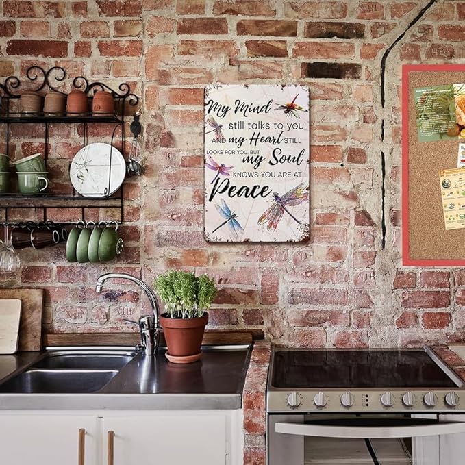 YOYI ART Metal Dragonfly Wall Decor Sign - My Mind Still Talks to You, Vintage Tin Signs for Home, Bedroom, Kithcen, Garden, Patio and Yard Wall Art Accessories, Gifts for Women, 8 x 12 inch