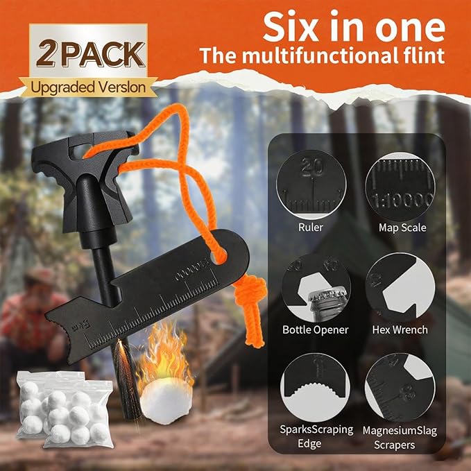 2PCS Magnesium Fire Starter with Striker, High Temp Magnesium Rod, Ferro Rod Fire Starter Survival Tool with 20Pack Waterproof Tinder and Steel Fire Striker for Camping, Hiking and Emergency