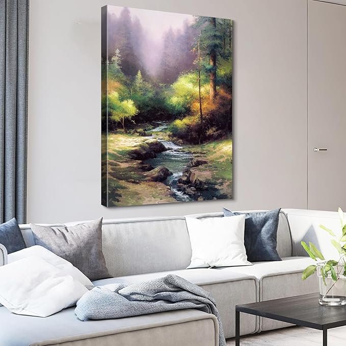 STUDIO HAVEN Thomas Kinkade Canvas Wall Art, Serene Woodland River Cascading Waterfalls Misty Greenery Oil Painting Poster Tranquil Nature Wall Decor, Framed Prints for Home Decor, 28x40Inch
